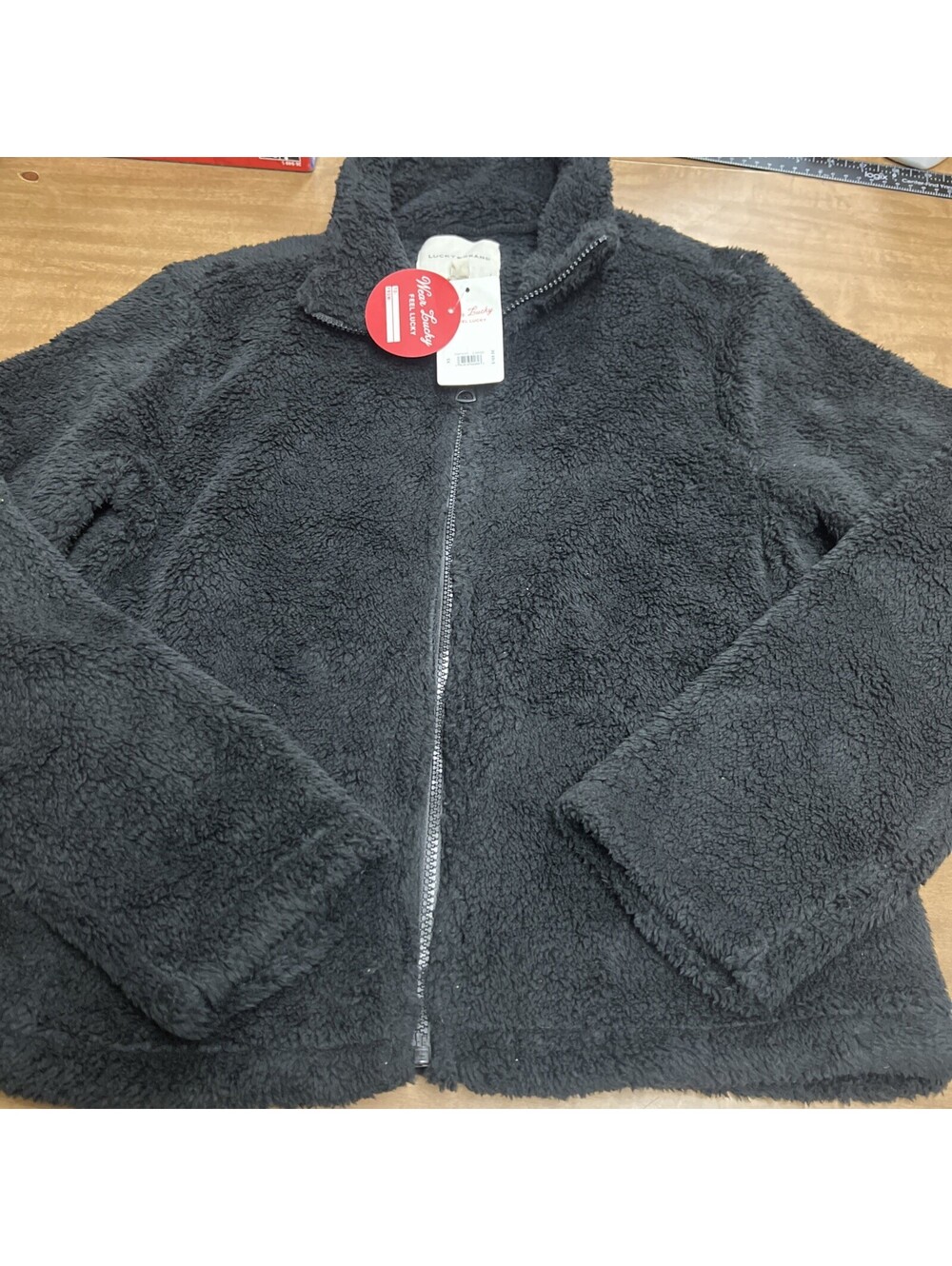 $169 New Lucky Brand Faux Fur Black Zip Up Hooded Jacket Coat XS